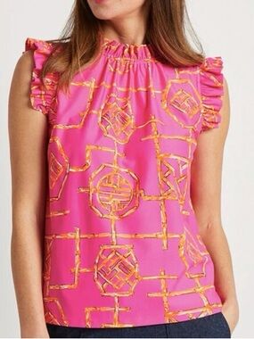 Jude Connally pink and tangerine ruffle tank top in bamboo lattice print